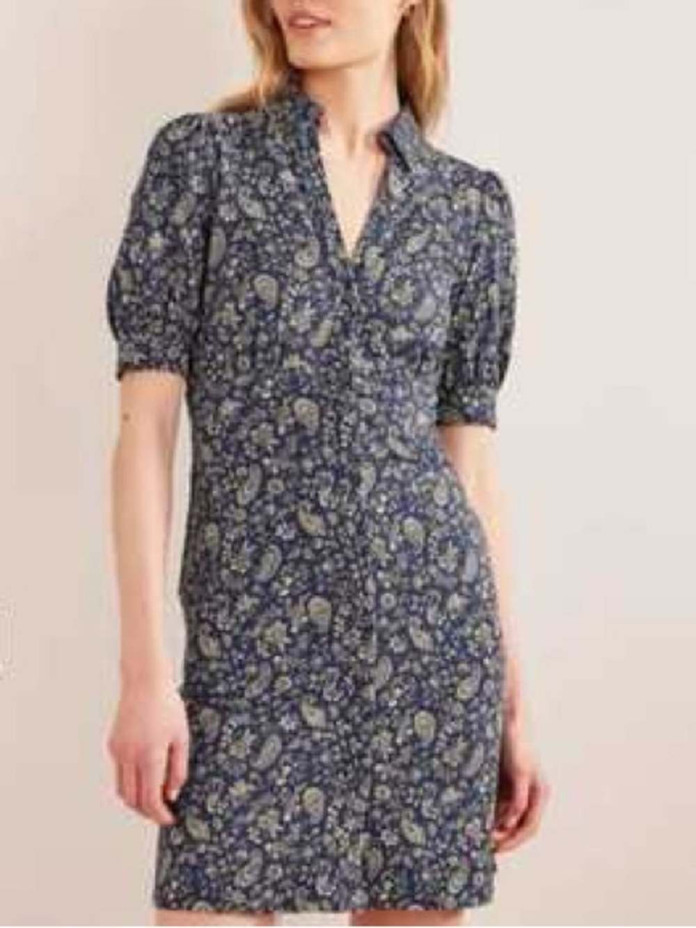 BODEN Effie Navy Blue Floral Paisley Short Sleeve Collared Button Down Dress 8 L